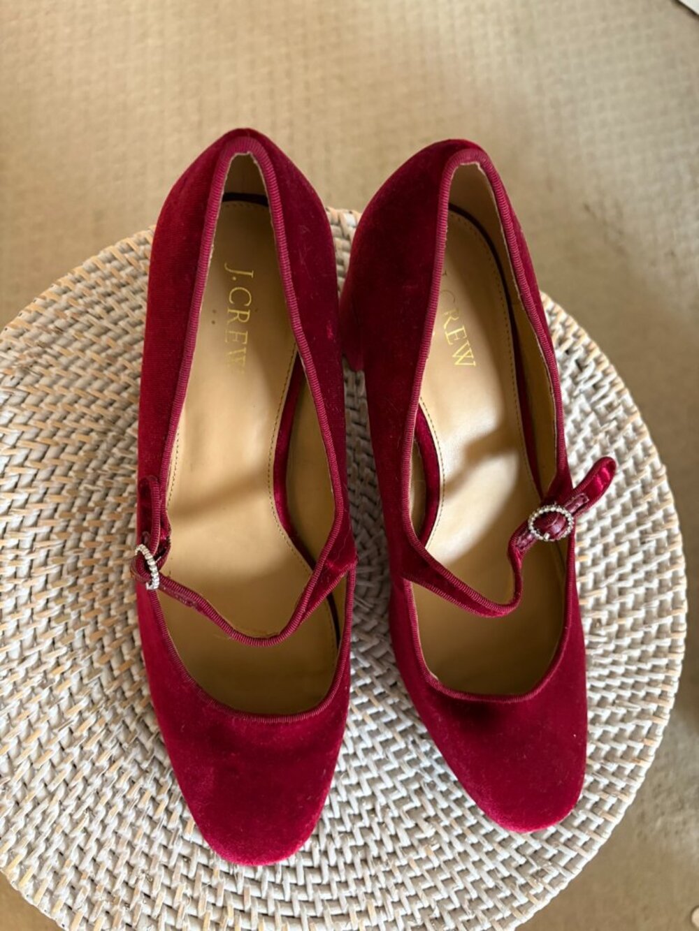 J.Crew Burgundy Velvet Mary Jane Block Heels, Crystal Buckle, Size 10